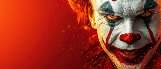 Close-up of an evil clown with dramatic makeup.