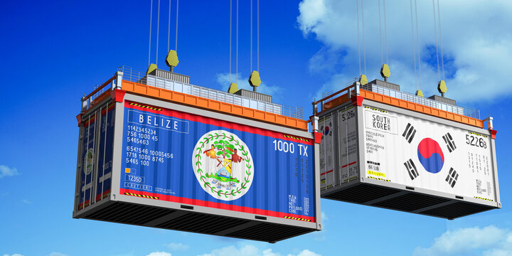 Shipping containers with flags of Belize and South Korea - 3D illustration