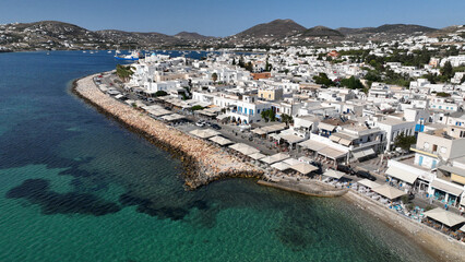 Aerial drone photo of traditional whitewashed picturesque main village of Paroikia or hora with...