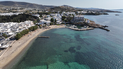 Aerial drone photo of traditional whitewashed picturesque main village of Paroikia or hora with...