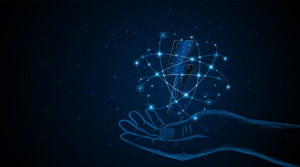 Hand holding lightning or energy symbol. Concepts about electric power or renewable energy in the future. Vector illustration
