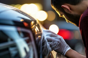 Man washing car headlight with rag closeup. Vehicle waxing shiny clean care. Generate Ai