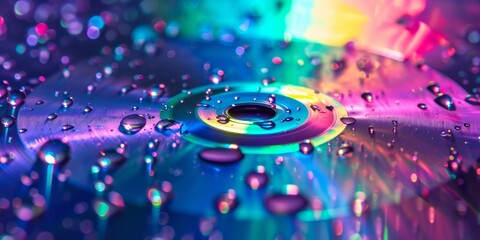 Fototapeta na wymiar Macro shot of a compact disc with colorful light refraction and water drops