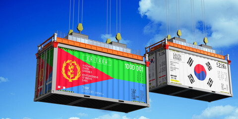 Shipping containers with flags of Eritrea and South Korea - 3D illustration