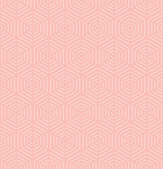Geometric repeating vector ornament with hexagonal dotted elements. Geometric modern pink white ornament. Seamless abstract modern pattern