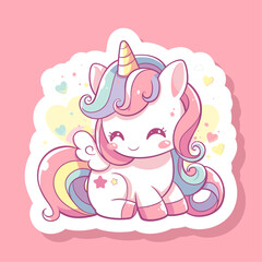 Obraz na płótnie Canvas Cute magical fairy unicorn rainbow pastel colors. Vector design sticker isolated on white background. Print for t-shirt or sticker. Romantic hand drawing illustration for children adorable pony