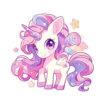 Cute magical fairy unicorn rainbow pastel colors. Vector design sticker isolated on white background. Print for t-shirt or sticker. Romantic hand drawing illustration for children adorable pony