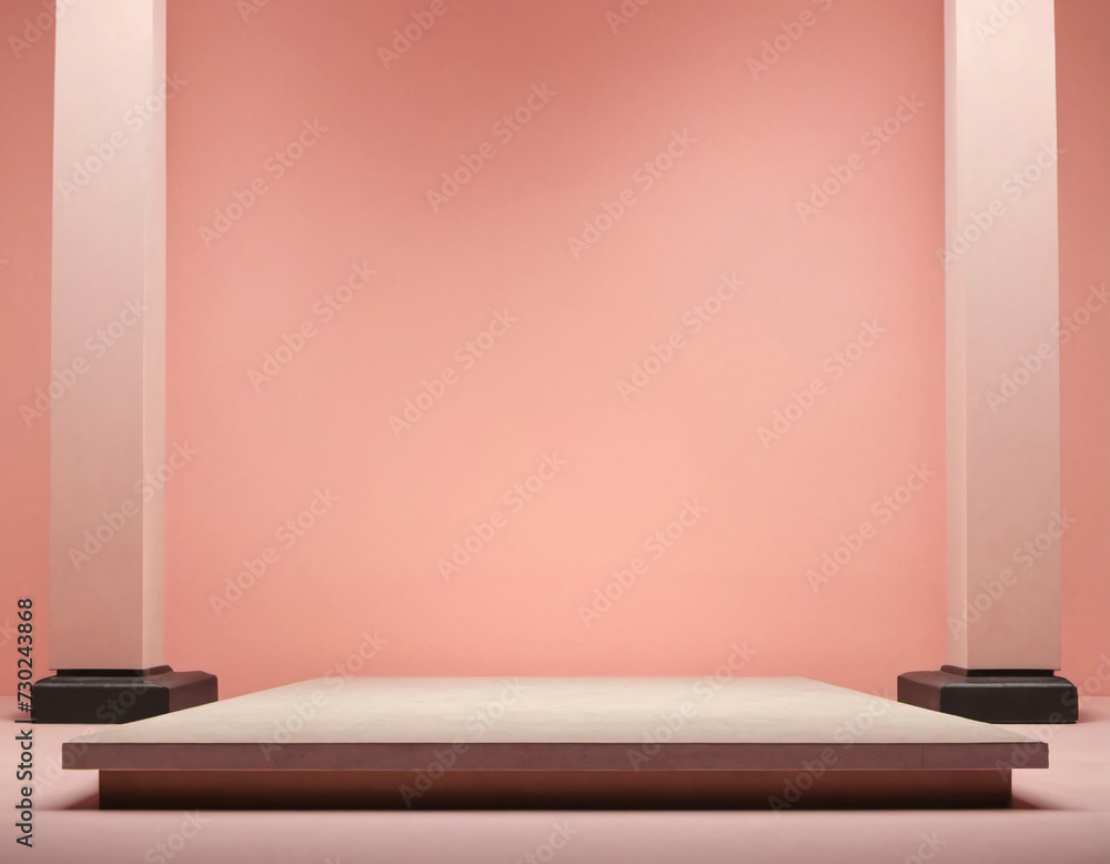 Poster minimalist architectural scene with empty platform framed by two pillars against a soft pink backdro