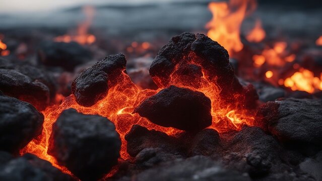 fire in the fireplace A photo realistic image of black and jagged lava rocks glowing with orange and red light in a dark,  