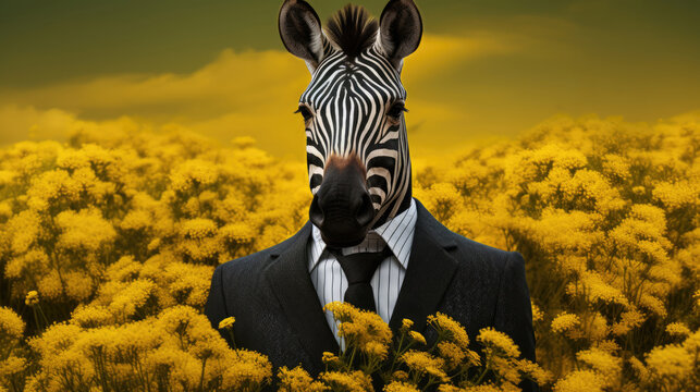 Zebra dressed in a suit, in a fantastical field of blossoming yellow flowers