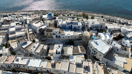 Fototapeta na wymiar Aerial drone photo of traditional settlement and Frankish Castle of Paroikia with unique Cycladic architecture, Paros island, Cyclades, Greece