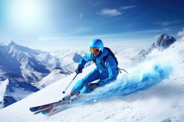 Female Skier Speeding Down Winter Mountain
