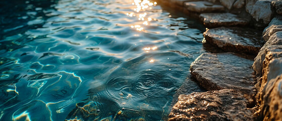 The setting sun's golden glow reflects on the water's surface by the rocky edge - obrazy, fototapety, plakaty