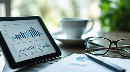 A focused approach to wealth and savings, this image captures a personal investment portfolio on screen with notes, coffee, and glasses, blending comfort with financial planning.