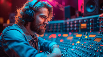 A man wearing headphones in a recording studio adjusting music for recording songs working with...