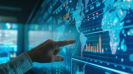 In a strategic business meeting, hands gesture towards crucial data points on a large digital display, showcasing global market analysis and investment planning.