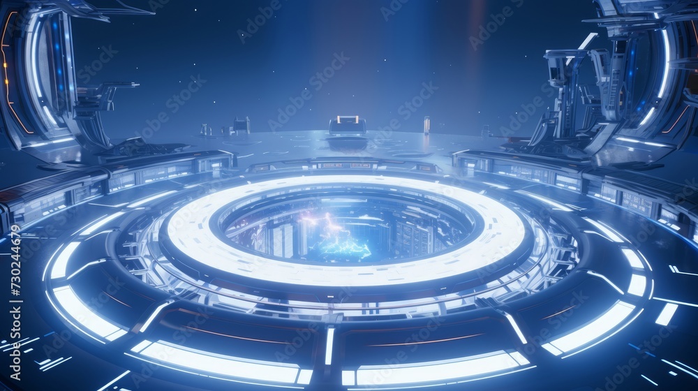 Poster futuristic space station with spacecraft and advanced technology, illustrating a vision of space exp