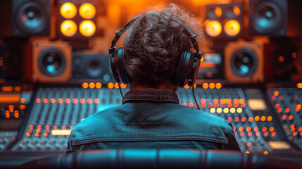 A man wearing headphones in a recording studio adjusting music for recording songs working with sound
