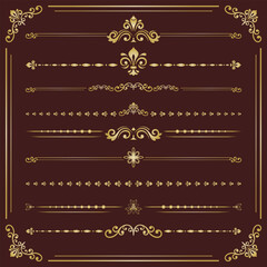Vintage set of vector decorative elements. Horizontal separators in the frame. Collection of golden different ornaments. Classic patterns. Set of vintage patterns