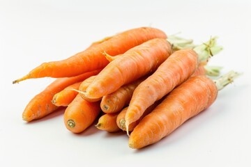 Fresh, healthy carrots stacked together on white background.