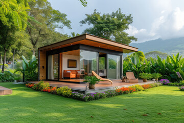 Fototapeta na wymiar modern minimalist mini house with grass lawn, flowers garden and many tropical plants
