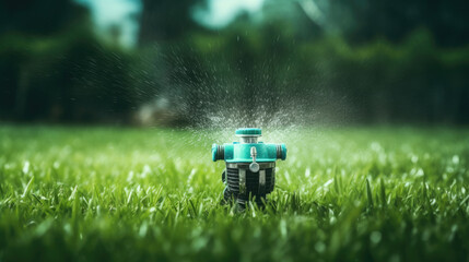 Automatic grass watering or automatic garden sprinkler background - obrazy, fototapety, plakaty