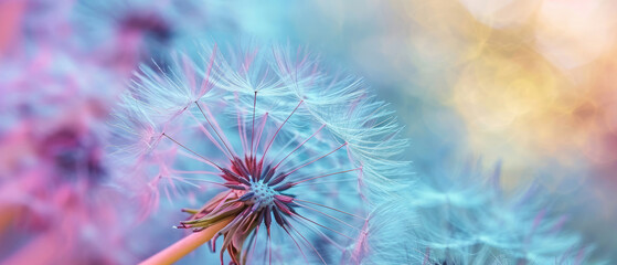 Delicate dandelion seeds against a pastel bokeh background