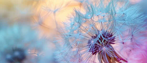 Delicate dandelion seeds against a pastel bokeh background