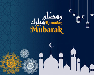 Ramadan Mubarak in Arabic Calligraphy greeting card, banner, poster. Vector illustration.

