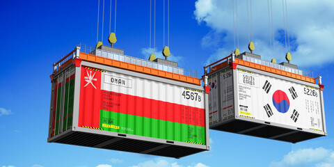 Shipping containers with flags of Oman and South Korea - 3D illustration