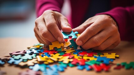 Close-up of a person's hand arranging colorful puzzle pieces, symbolizing the evaluation and integration of life's experiences