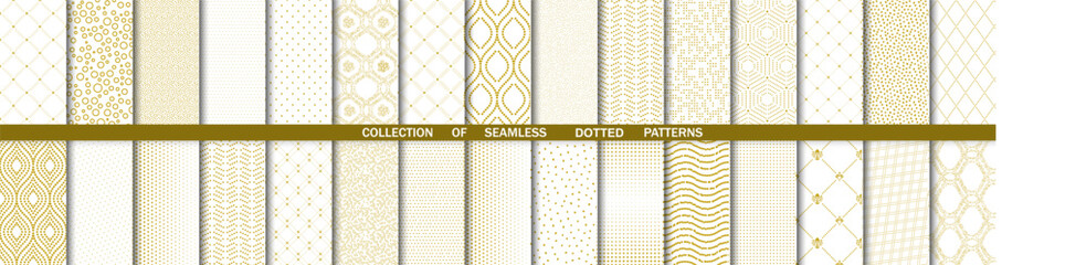 Set of geometric seamless dotted golden patterns. Collection of geometric vector abstract ornament. Set of modern backgrounds with repeating elements