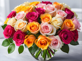 International Rose Day (March 8): Luxurious bouquets of roses of various varieties and colors, presented in colorful packaging or in a vase. generative AI