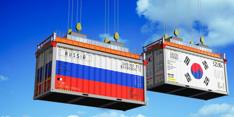 Shipping containers with flags of Russia and South Korea - 3D illustration