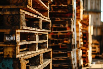 Organized chaos in a bustling warehouse with stacked wooden pallets.