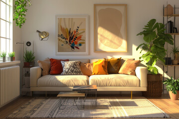 Design a sophisticated living room space, awaiting your art mockups, with modern and residential decor themes.