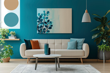 Experience the serenity of a minimalist living room, designed for art mockups and highlighting a subtle yet vibrant color palette.