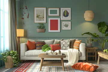 Make your living room a hub of customization with dedicated wall space for mockups, featuring a lively and vibrant home style.