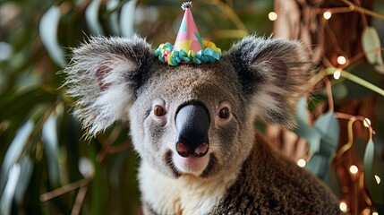 Koala with birthday hat, eucalyptus background generative ai
