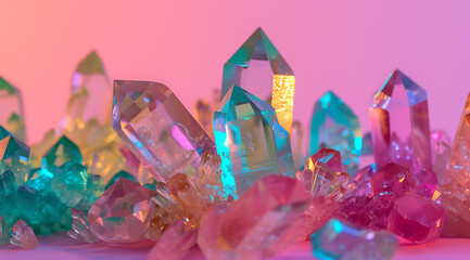 a group of colored crystals in a variety of colors in