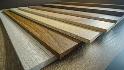  Close up of laminated, veneer, engineering wood flooring samples. Wood texture for furniture and flooring furnishing material samples
