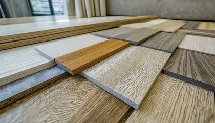  Close up of laminated, veneer, engineering wood flooring samples. Wood texture for furniture and flooring furnishing material samples