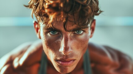 Young fit sporty muscular handsome caucasian brown hair man and freckles in gym training - Powered by Adobe