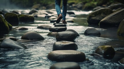 Conceptual image of a person stepping on stones in a river, representing the evaluation and progress in life's journey - obrazy, fototapety, plakaty