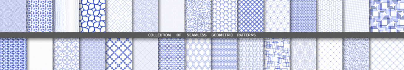 Set of geometric seamless patterns. Collection of geometric vector abstract ornament. Set of blue modern backgrounds with repeating elements - 730247212