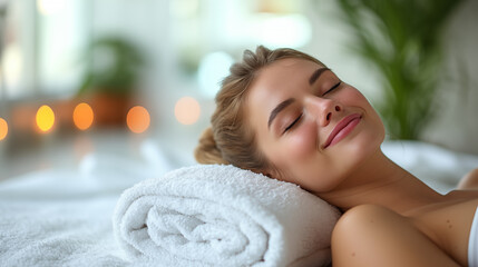 Obraz na płótnie Canvas Beautiful young woman lying on massage table in spa salon, closeup