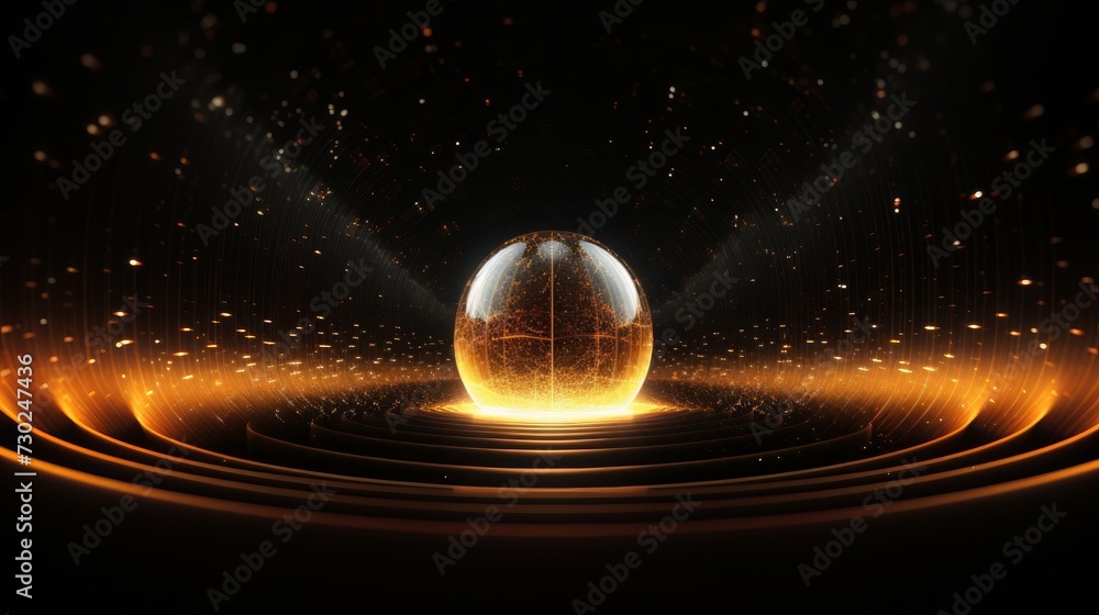 Poster dynamic audio frequencies forming a pulsating sphere, symbolizing the immersive nature of sound