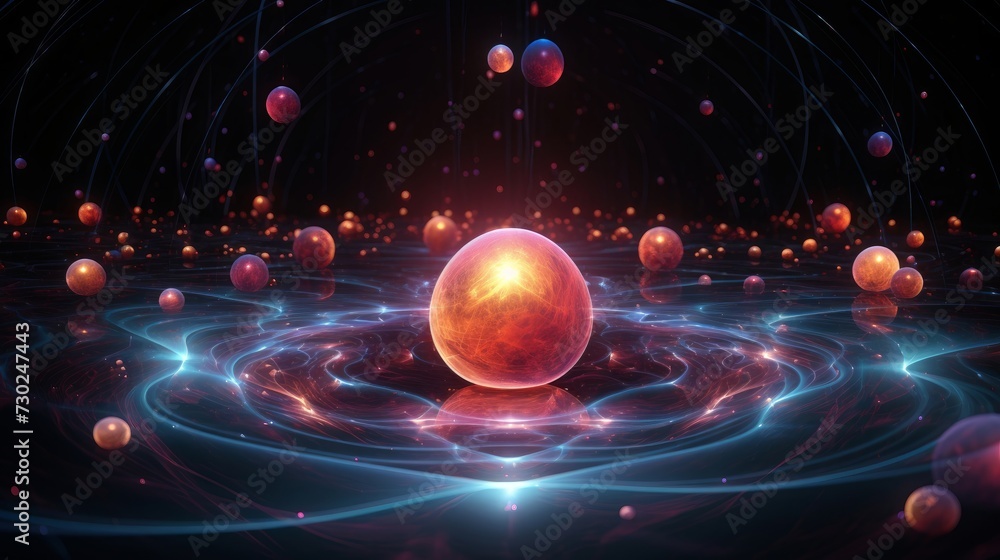 Poster dynamic audio frequencies forming a pulsating sphere, symbolizing the immersive nature of sound