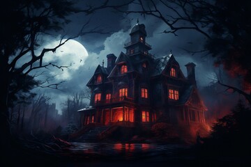 Grand Mansion night. Scary castle dark. Generate Ai