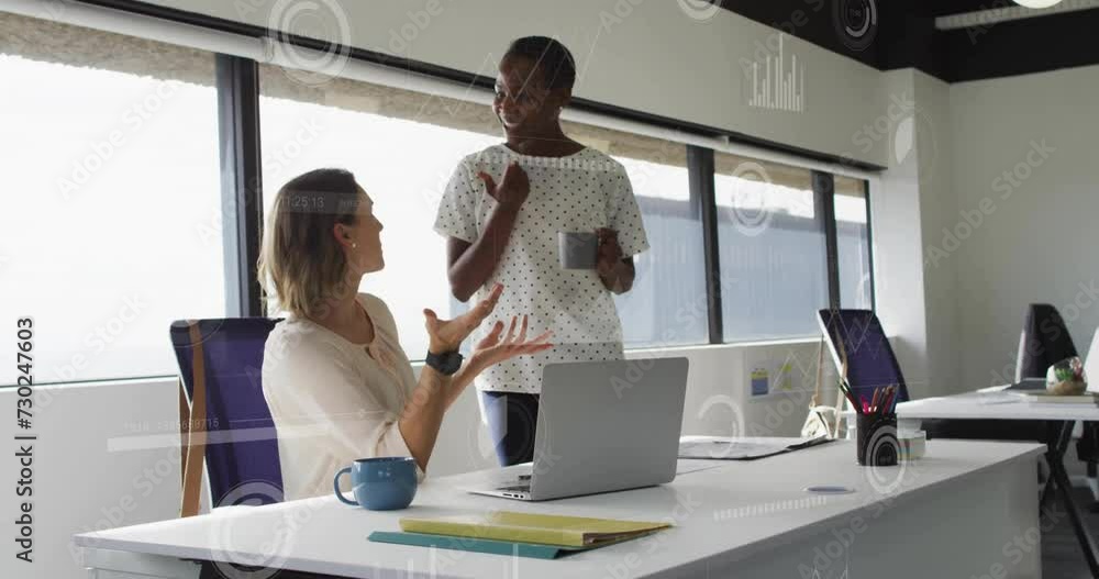 Poster animation of financial data processing over diverse colleagues discussing work in office